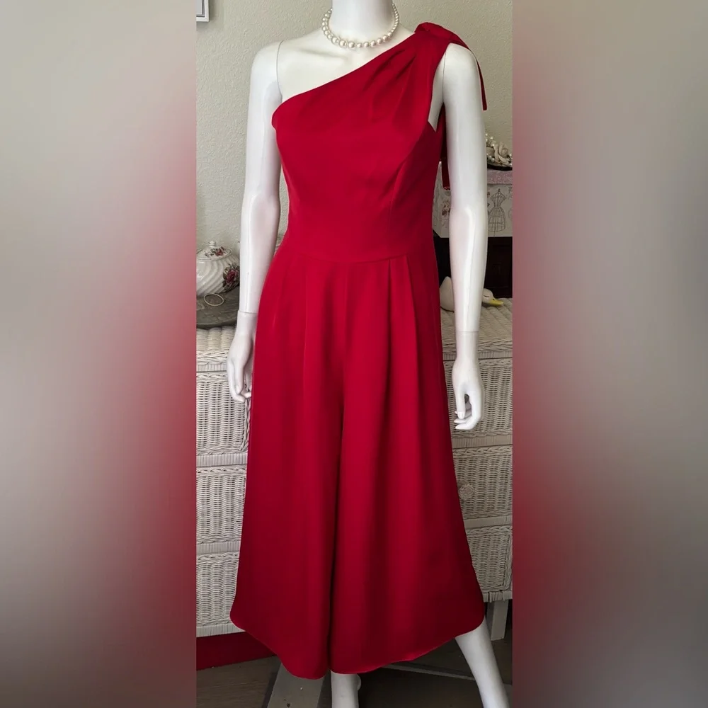Gal Meets Glam Carmen One Shoulder Jumpsuit Large Red Bow Wide Gaucho Leg Size 4